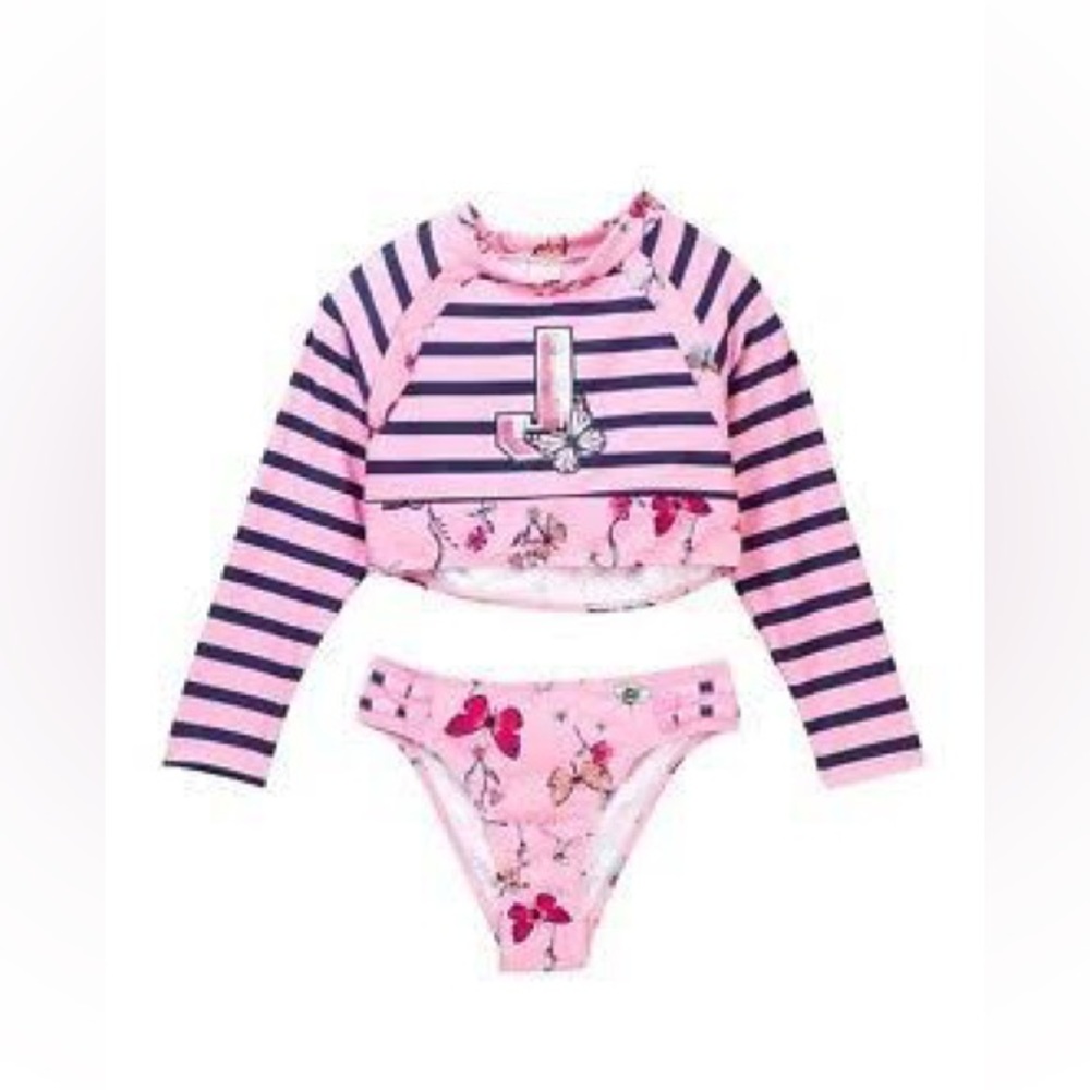 Juicy Couture Black Label Girls Pink Butterfly Print Striped Rash Guard Size 16